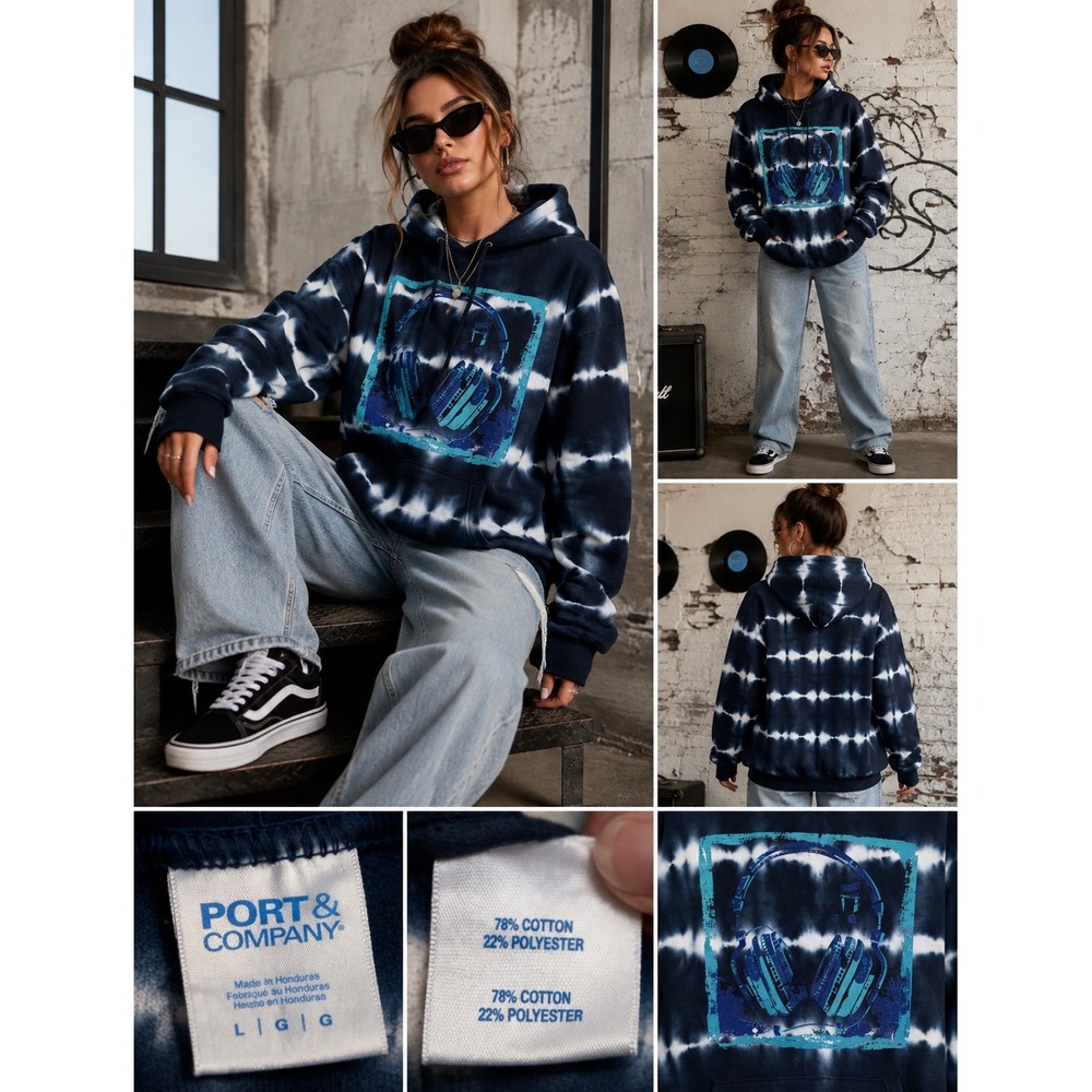 Port & Company Men's L Navy White Tie Dye Headphones Graphic Hoodie Streetwear